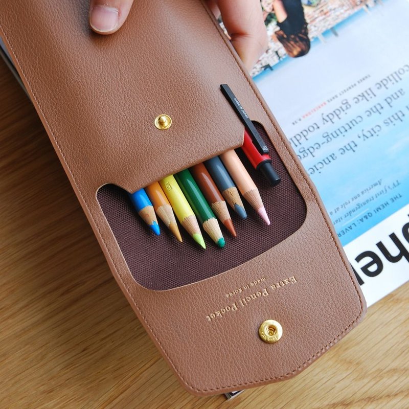 PLEPIC-珍爱仿皮金扣笔袋-摩卡棕,PPC93532 - 铅笔盒/笔袋 - 人造皮革 咖啡色
