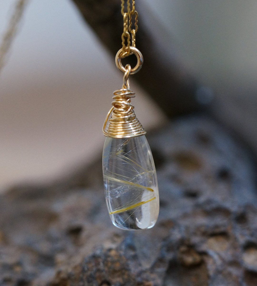 GF 14K 包金颈链 + 金发晶吊坠 ( Gold Rutilated Quartz-03 ) - 项链 - 水晶 