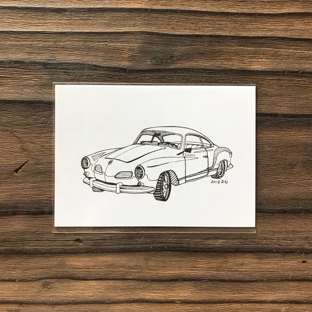 手绘老车明信片- VW karmannghia. 福斯 卡门 - 卡片/明信片 - 纸 