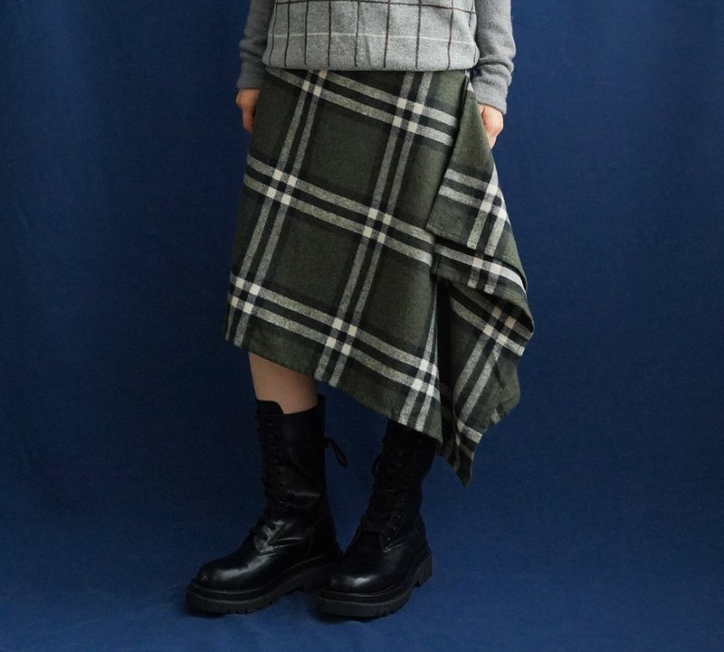 绿大格子毛料不规则古着中古裙 vintage - 裙子 - 羊毛 