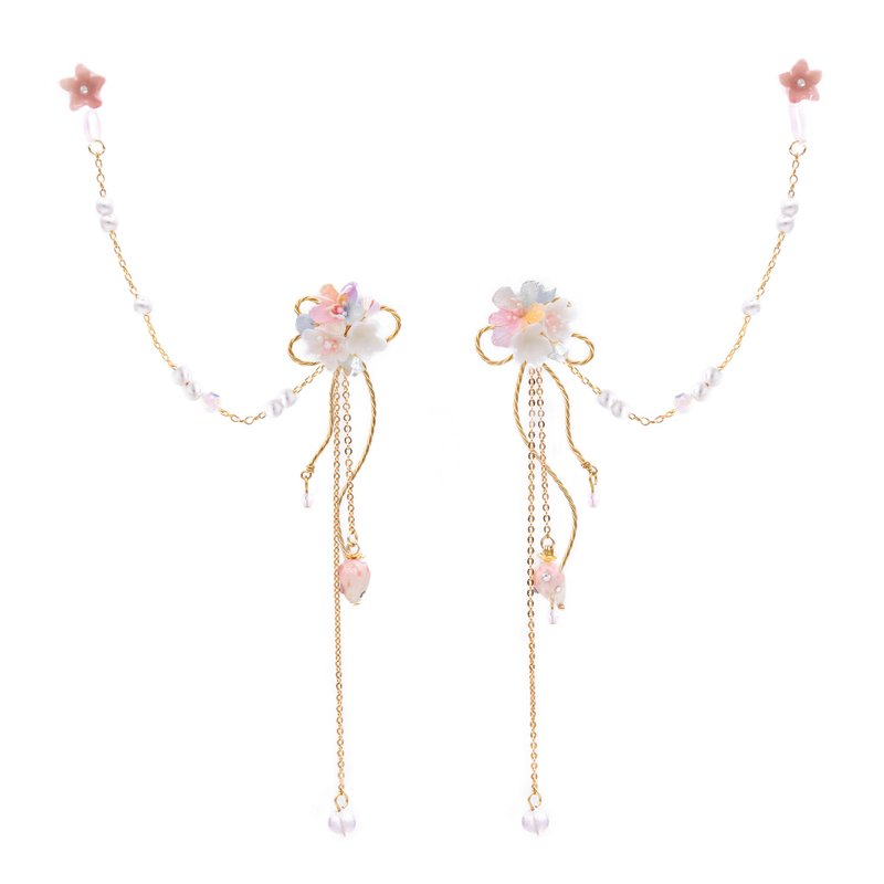 欧若拉之吻五合一925纯银镀14K金长耳环 (配可拆卸夹式耳骨链) - 耳环/耳夹 - 粘土 多色