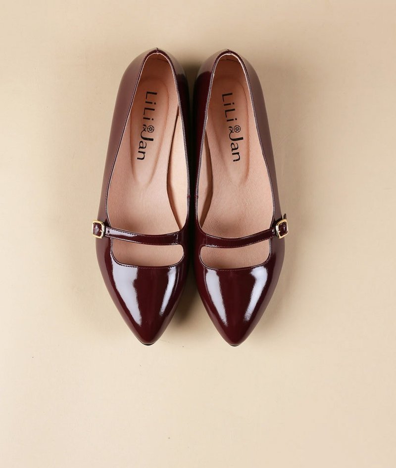 【魔镜梦游】玛莉珍复古优雅低跟鞋_华丽酒红 - 玛莉珍鞋 - 真皮 红色