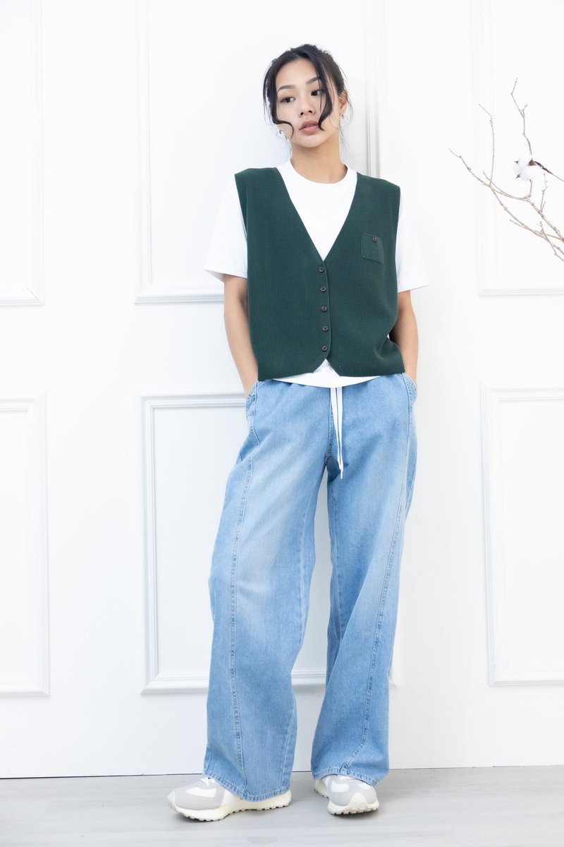小口袋全开襟针织背心 绿色 - 女装背心 - 其他材质 绿色