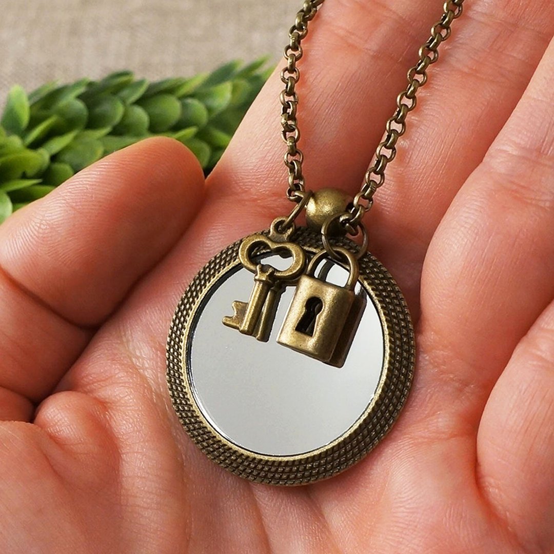 Evil Eye Glass Mirror Protection Amulet Bronze Key Lock Pendant Necklace Jewelry - 项链 - 玻璃 卡其色