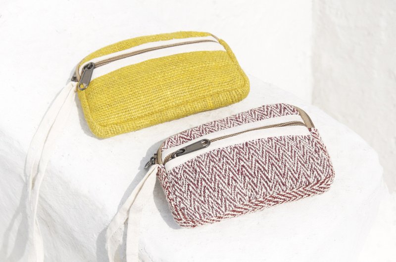 手工棉麻钩织零钱包/收纳包/杂物包/耳机收纳袋/悠游卡套-柠檬黄 - 零钱包 - 棉．麻 黄色