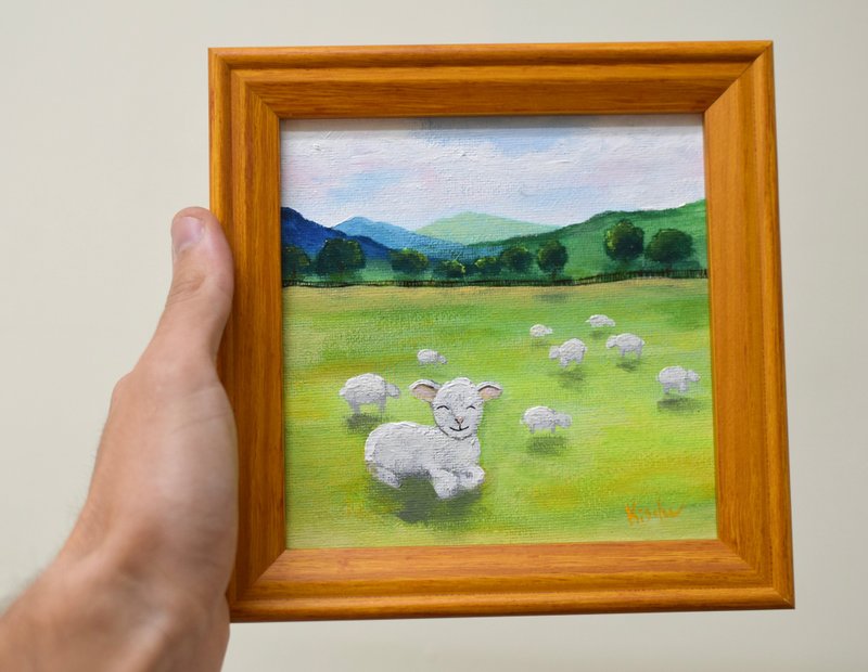原创油画 小羊在草地上 含实木画框和迷你画架 - 墙贴/壁贴 - 其他材质 