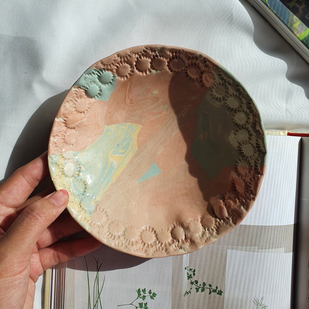 Hand Built Mini Bowl | Pink Marbling | Flower Stamp | Ceramic Handmade - 花瓶/陶器 - 陶 粉红色