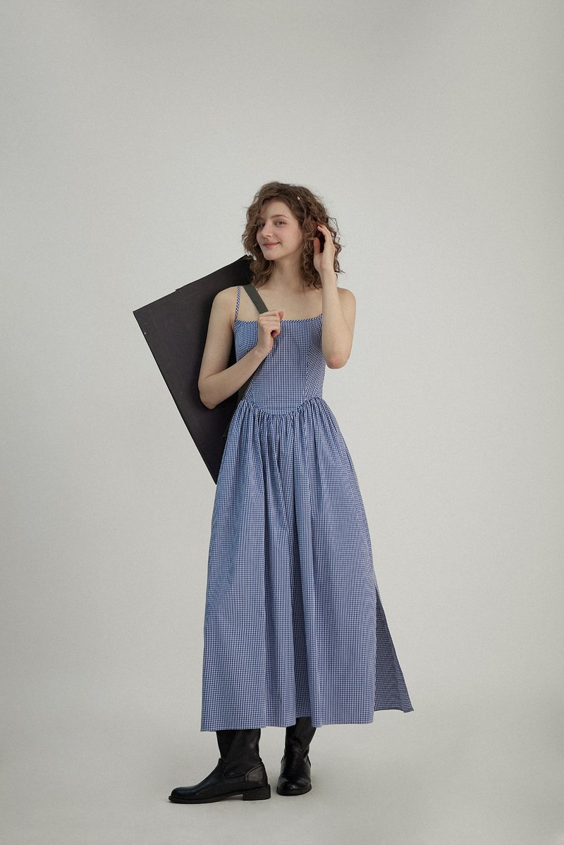 盛夏Helsinki的海 方领蓝白格子连身裙 - 洋装/连衣裙 - 其他材质 蓝色