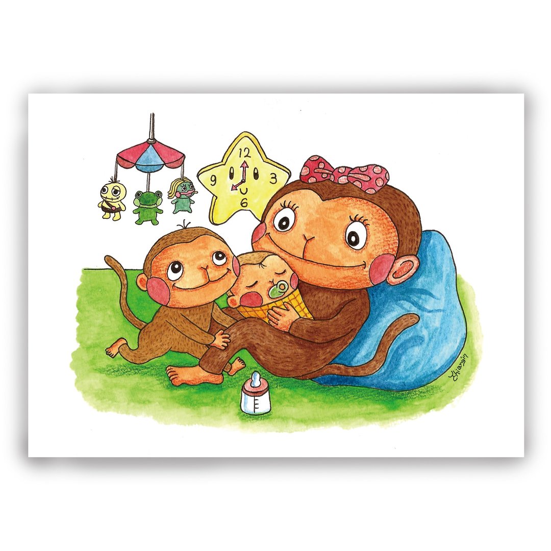 母亲节-手绘插画母亲卡/万用卡/卡片/明信片/插画卡-猴妈妈带宝宝 - 卡片/明信片 - 纸 多色