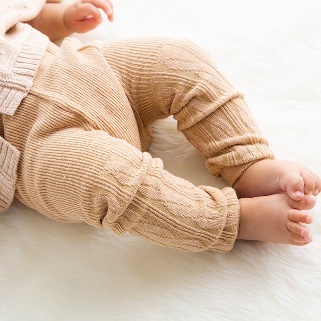 Y-1338 100% Organic Cotton Rope Knitting Leggings Brown Height Around 80cm Popkins Baby Made in Japan - 婴儿饰品 - 棉．麻 咖啡色