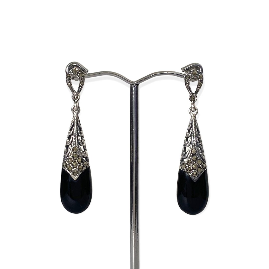 Art Deco Style Teardrop Black Onyx &amp; Marcasite Earrings/Set 925 Sterling Silver - 耳环/耳夹 - 纯银 黑色