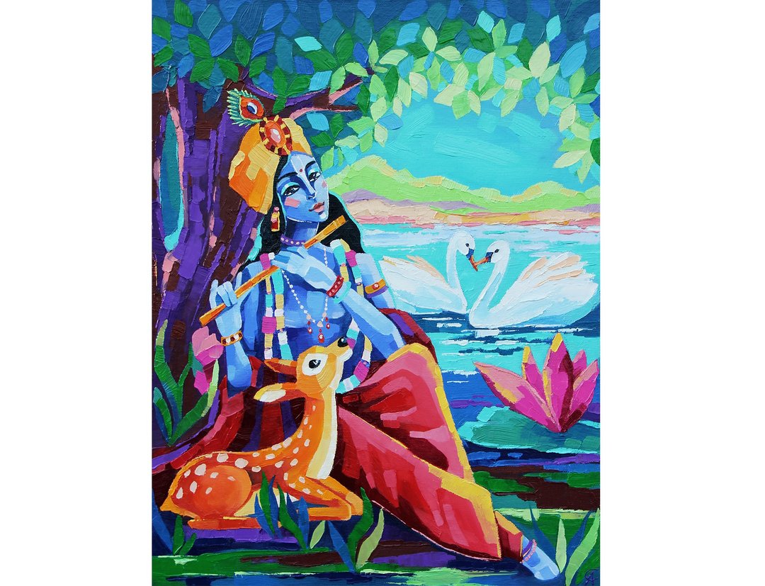 Krishna Painting Indian Original Art Spiritual Artwork Oil Canvas. - 海报/装饰画/版画 - 其他材质 绿色