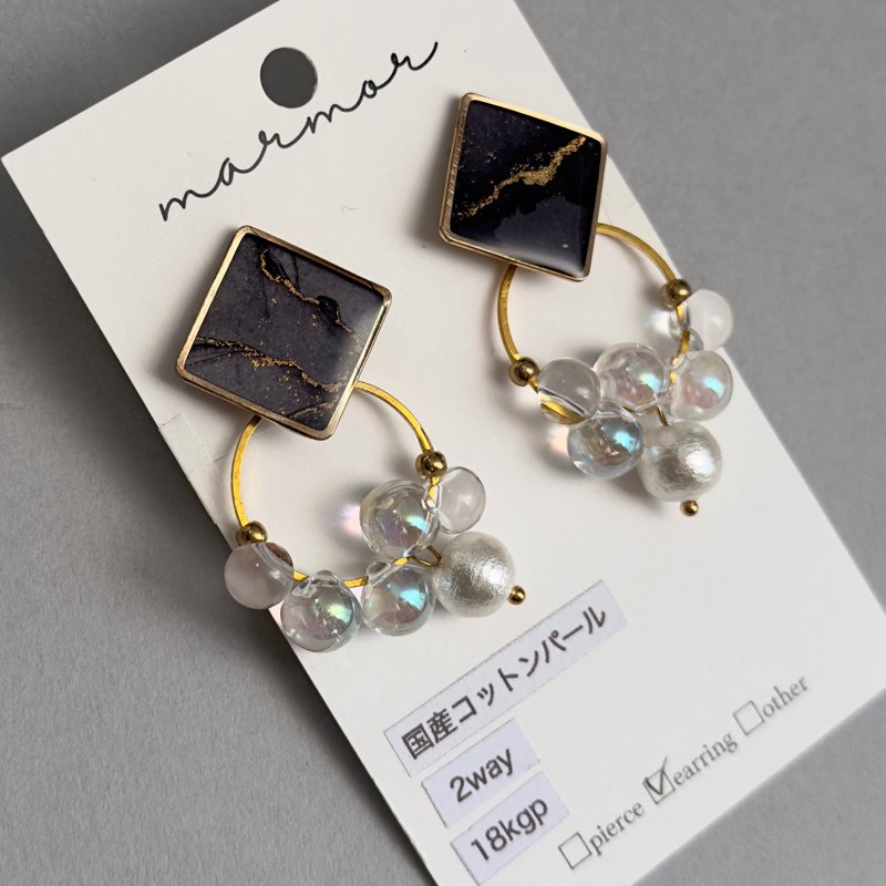 【现货仅1件】黑色 双层设计 酒精墨水艺术 耳环 18kgp 长款 金色 独特不撞款 独一无二 金属过敏友善 简约 黑 - 耳环/耳夹 - 树脂 黑色