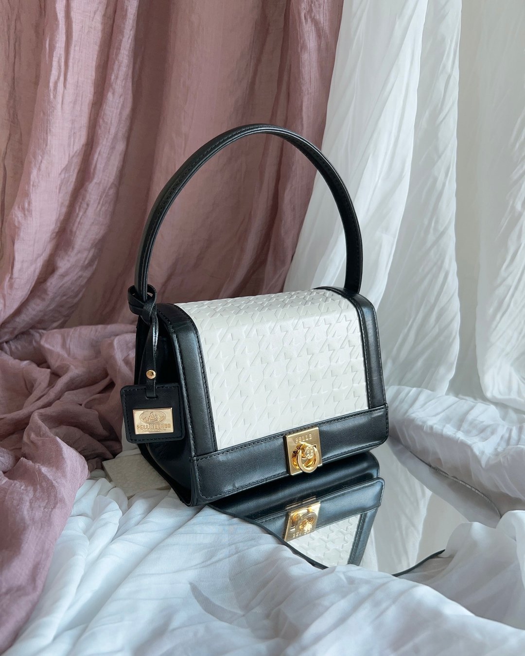 【中古包 Vintage】Pelle Borsa 黑白千鸟格古董包丨手提 侧背 - 手提包/手提袋 - 真皮 黑色