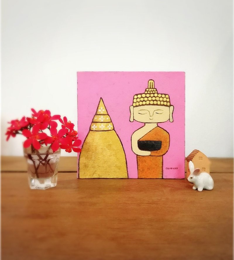 Original acrylic Buddha painting on canvas15x15cm. Modern Buddha painting - 墙贴/壁贴 - 压克力 粉红色