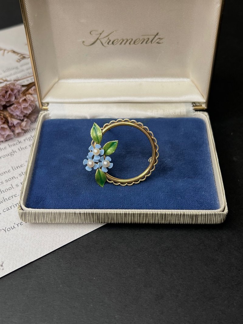 美国古董老件 - Krementz 14K 包金勿忘我珐琅小花珍珠胸针 - 胸针 - 珐琅 蓝色