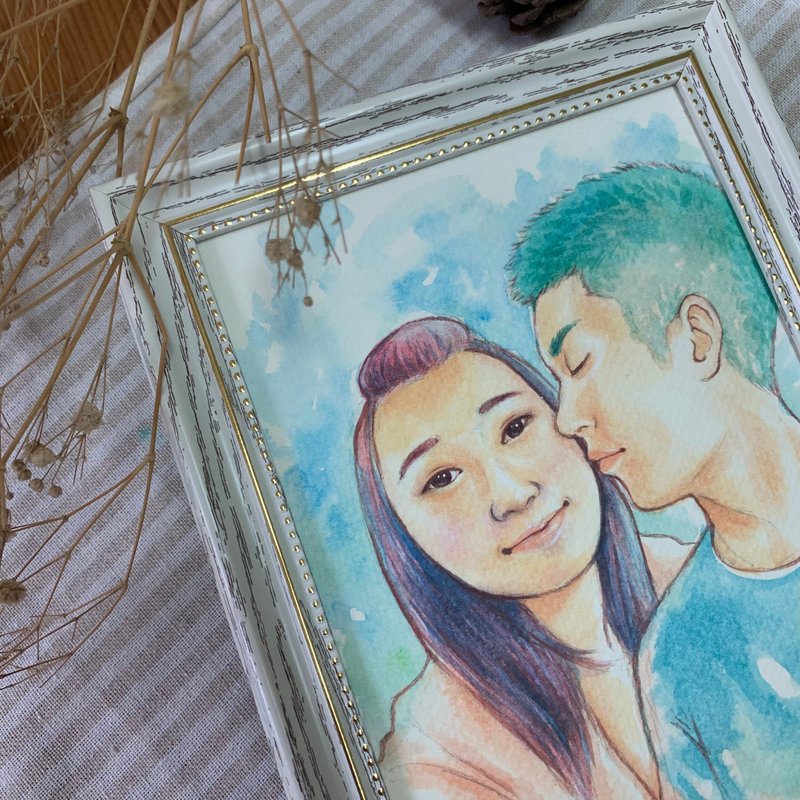 水彩风格似颜绘 – 伴。定制化人像 / 宠物 含画框 2人 - 海报/装饰画/版画 - 纸 白色