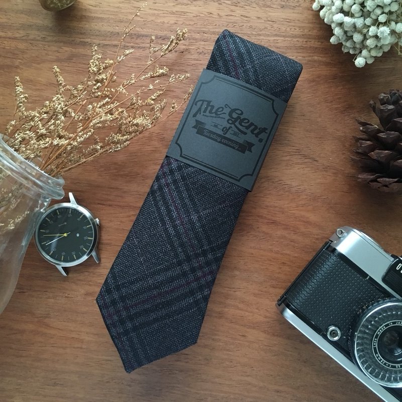 (THE GENT) Neck Tie Dark Grey Red Madras Plaid - 领带/领带夹 - 棉．麻 灰色