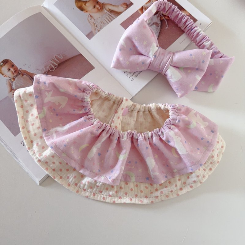 粉红许愿星月兔兔 荷叶围兜宝宝发带 婴儿礼物新生儿满月礼 - 满月礼盒 - 棉．麻 