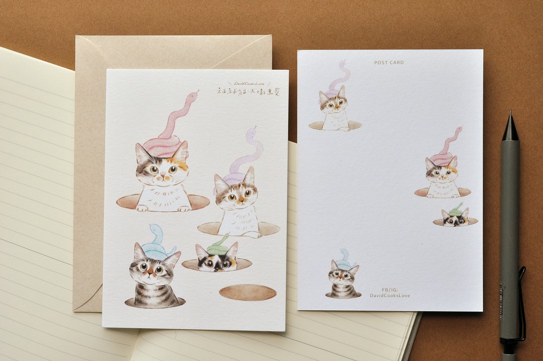 猫咪插画明信片-灵蛇出洞 - 卡片/明信片 - 纸 粉红色