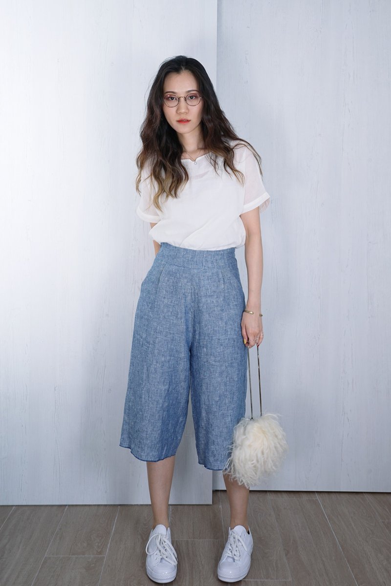 OUD原创. 亚麻中高腰毛边过膝宽腿裤 - 女装长裤 - 亚麻 