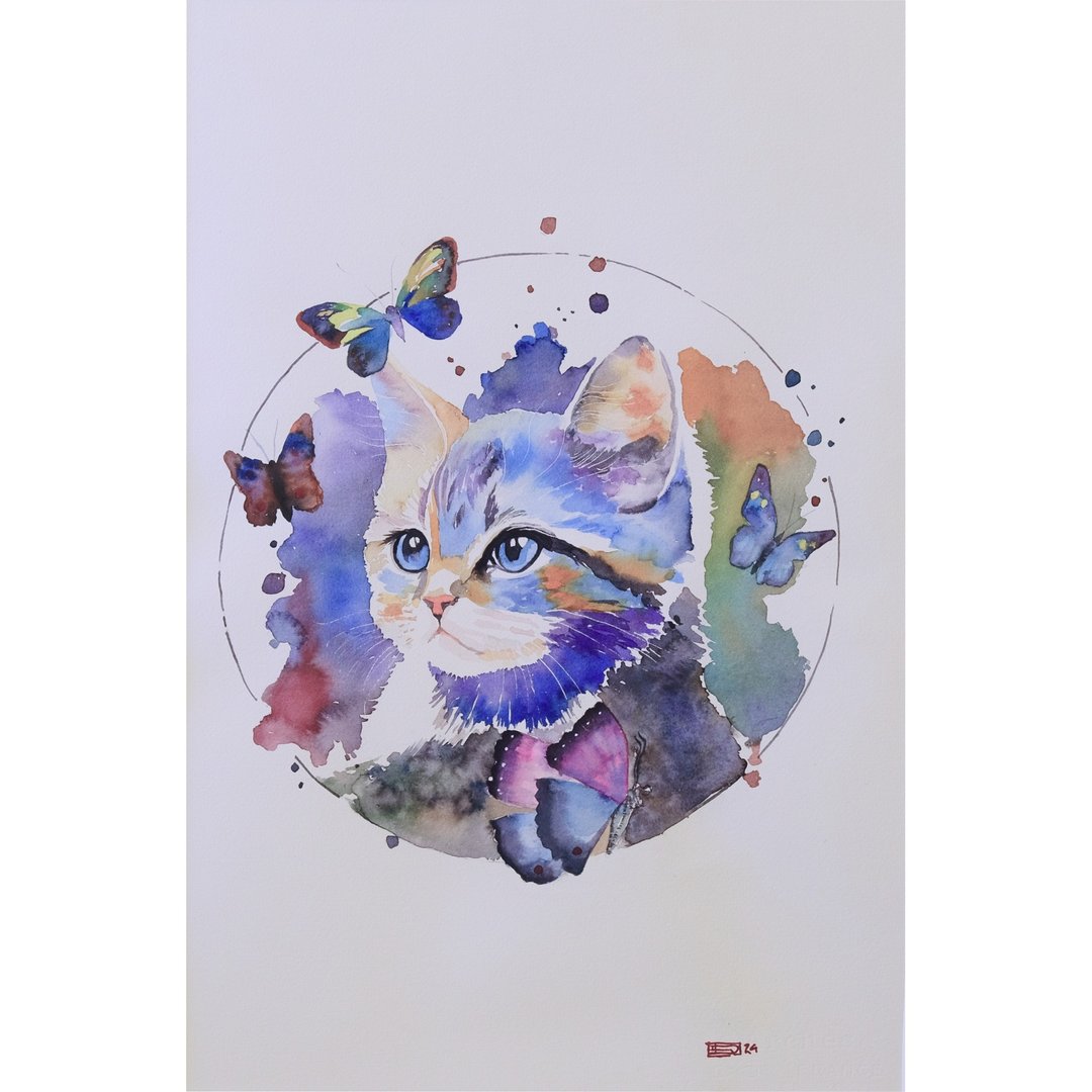 猫和蝴蝶的水彩画 - 海报/装饰画/版画 - 纸 白色