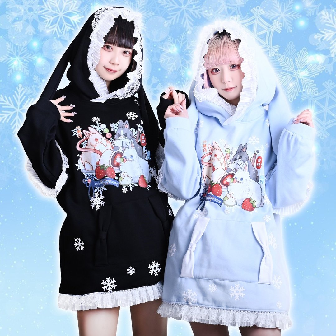 原创香港绘师芝麻雪花冬兔和风荷叶边兔耳朵长袖连帽T恤【JJ4077 - 中性连帽卫衣/T 恤 - 棉 