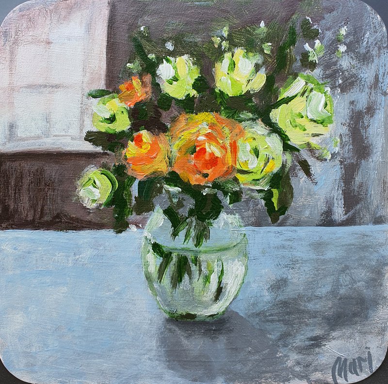 Original Art Painting Roses Bouquet Vase Wall Art White Orange Color Flowers - 海报/装饰画/版画 - 其他材质 绿色