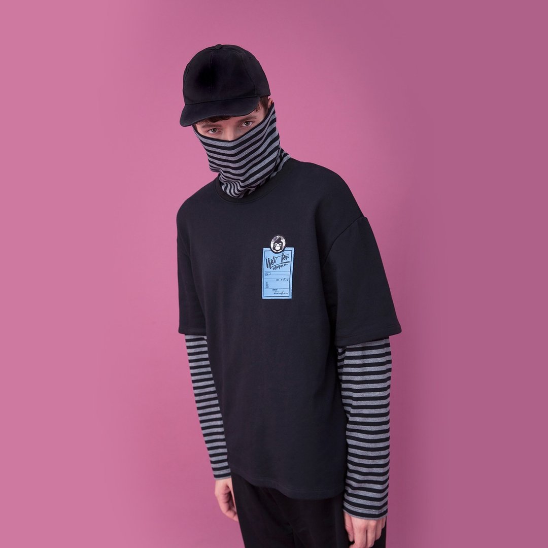 【出清品】中性款 假两件高领长袖上衣 / 黑色 - 男装上衣/T 恤 - 棉 黑色