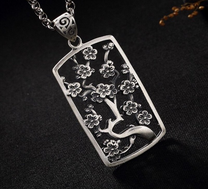Real 999 Fine Silver Jewelry for Women Hollow Handmade Plum Tree Necklace - 长链 - 纯银 银色