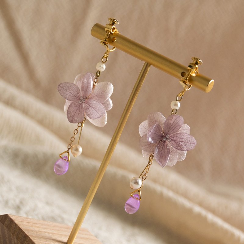 紫色 紫阳花垂坠琉璃耳环 14l包金 耳夹 耳勾 - 耳环/耳夹 - 植物．花 紫色
