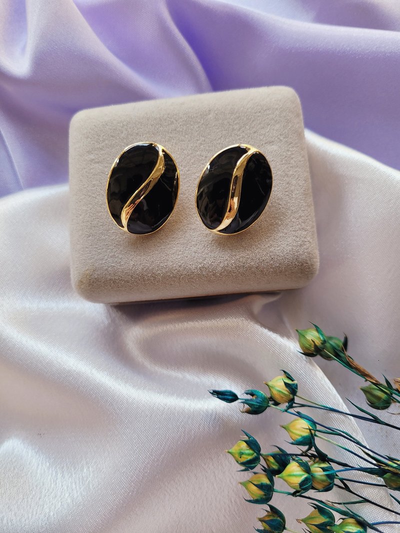 美国西洋古董饰品 / MiMi Di N黑金系珐琅摩登夹式耳环/复古首饰 - 耳环/耳夹 - 其他金属 