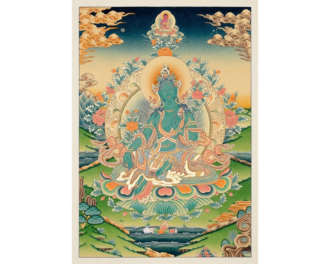 绿度母唐卡 – 神圣的保护者与迅速的慈悲于藏族艺术 - 墙贴/壁贴 - 其他材质 多色