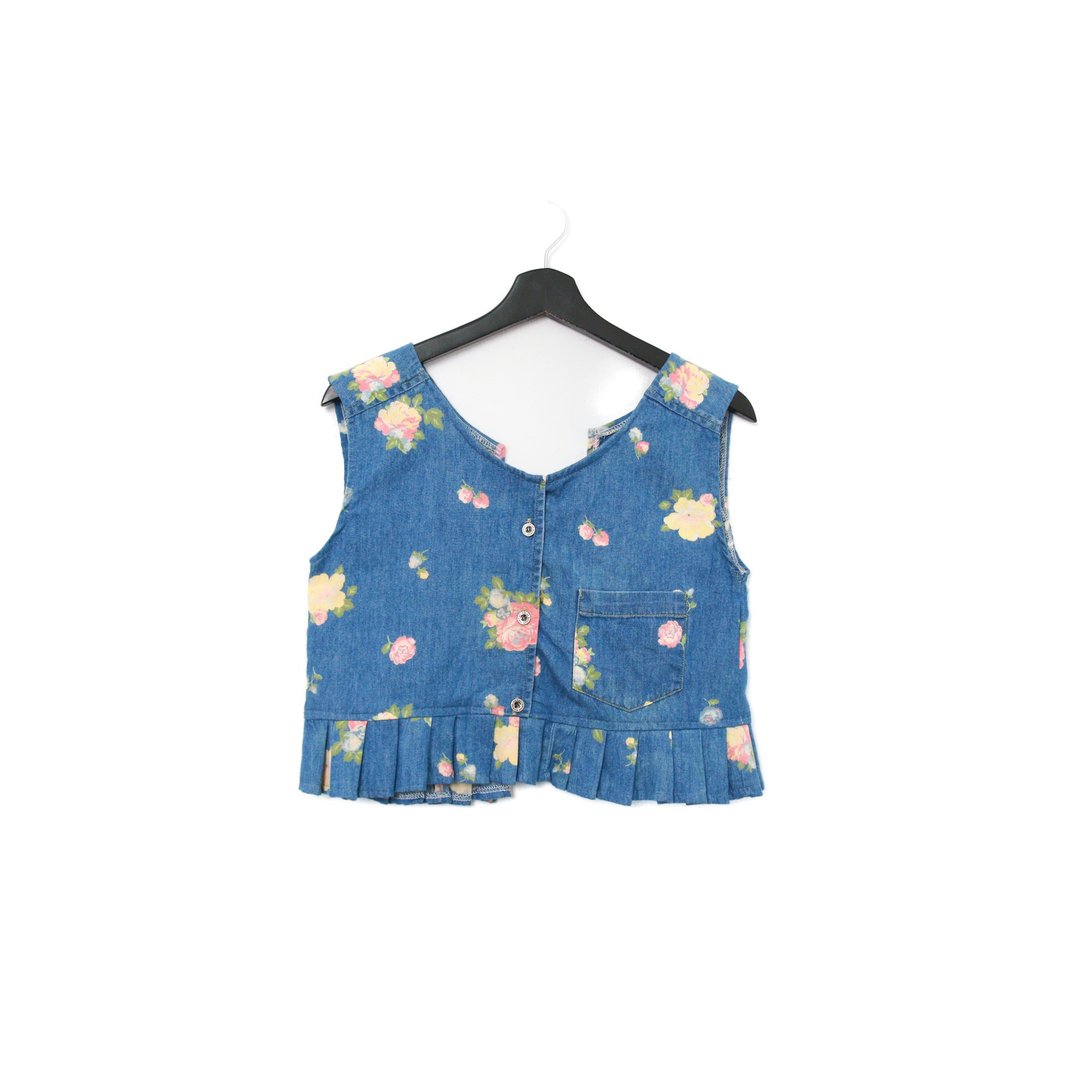 Back to Green-丹宁刺绣背心 满版玫瑰 粉黄 dv-14//vintage vest - 女装背心 - 棉 