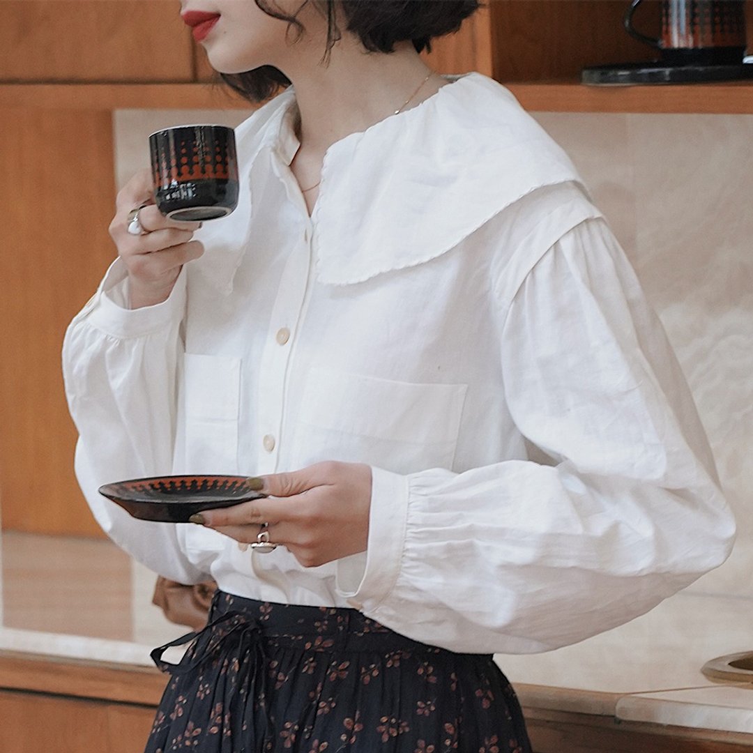 花瓣领泡泡袖衬衫|衬衫|春款|棉麻混纺|Sora-886 - 女装衬衫 - 棉 白色