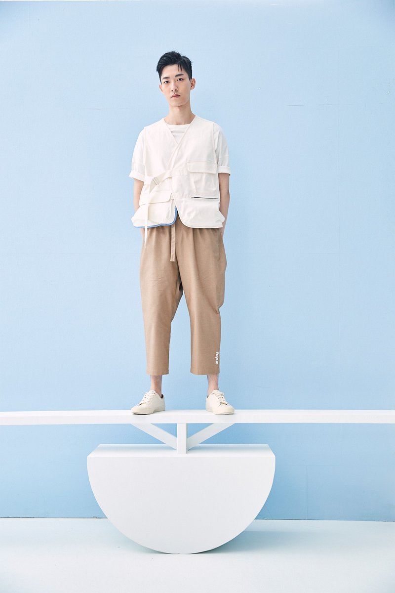 拼色口袋背心 - 男装背心 - 棉．麻 卡其色