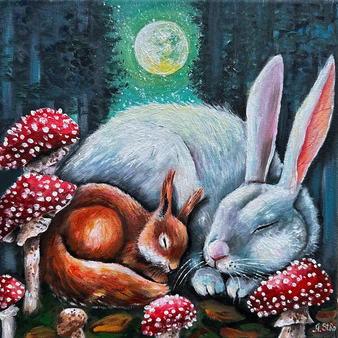 白兔原画兔子墙艺术松鼠画林地动物 - 墙贴/壁贴 - 棉 多色