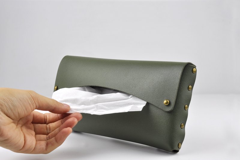 车用夹式面纸盒 汽车遮阳板皮革纸巾盒 轻复古双面拼色 军绿/暗蓝 - 纸巾盒 - 人造皮革 绿色