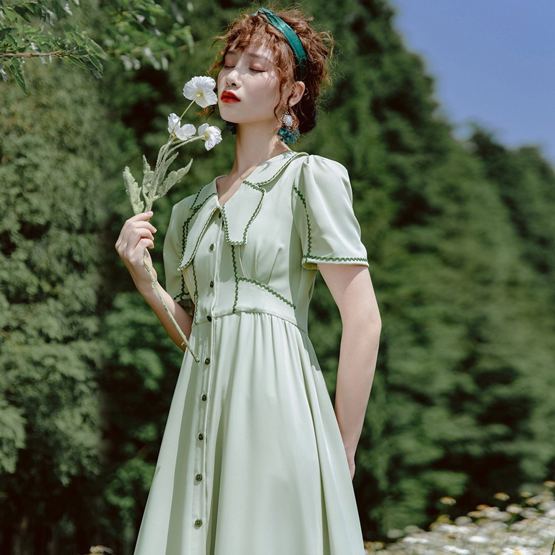 蝴蝶领 淡绿色收腰连衣裙 洋装女夏 - 洋装/连衣裙 - 其他材质 绿色