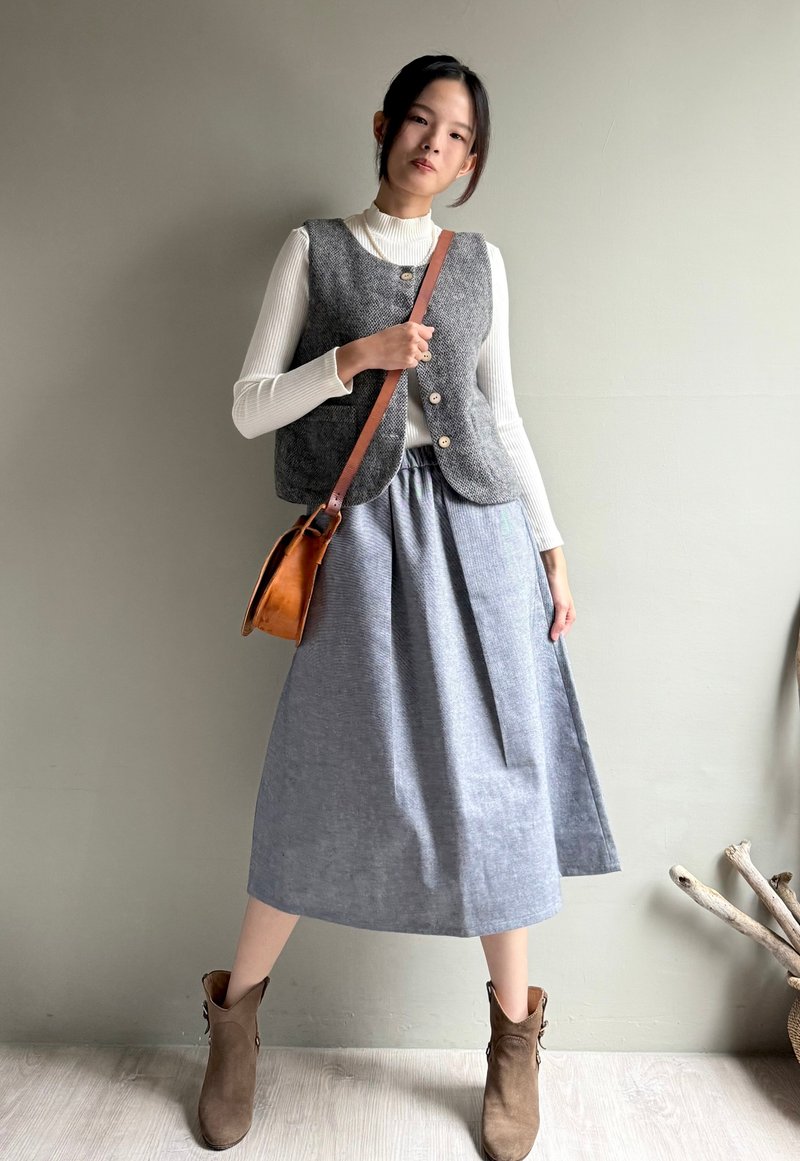 凯旋大道/纯棉单宁含毛料A字后开衩牛仔裙/松紧腰中长裙 - 裙子 - 棉．麻 