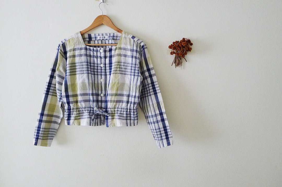 RARE 80s ISSEY MIYAKE blue and green Plaid cotton and linen peplum top - 女装上衣 - 棉 绿色