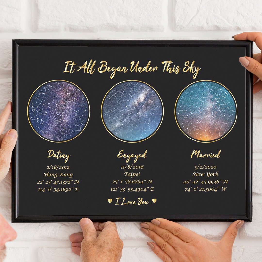 定制化交往订婚结婚纪念日当天的真实夜晚星座含A4木铝框装饰挂画 - 海报/装饰画/版画 - 木头 黑色
