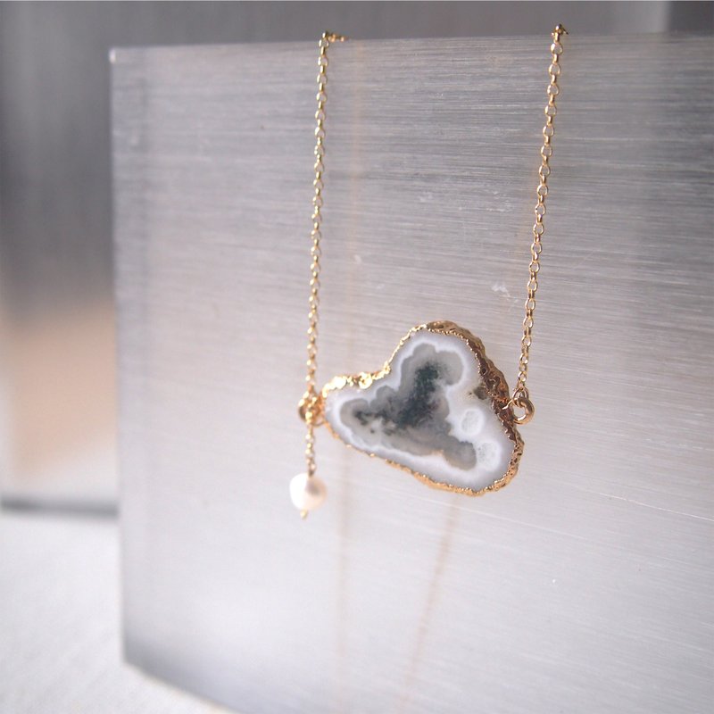 千变万化苔藓玛瑙【小云朵】项链 | 18K镀纯银 | 小手工卡 - 项链 - 宝石 金色