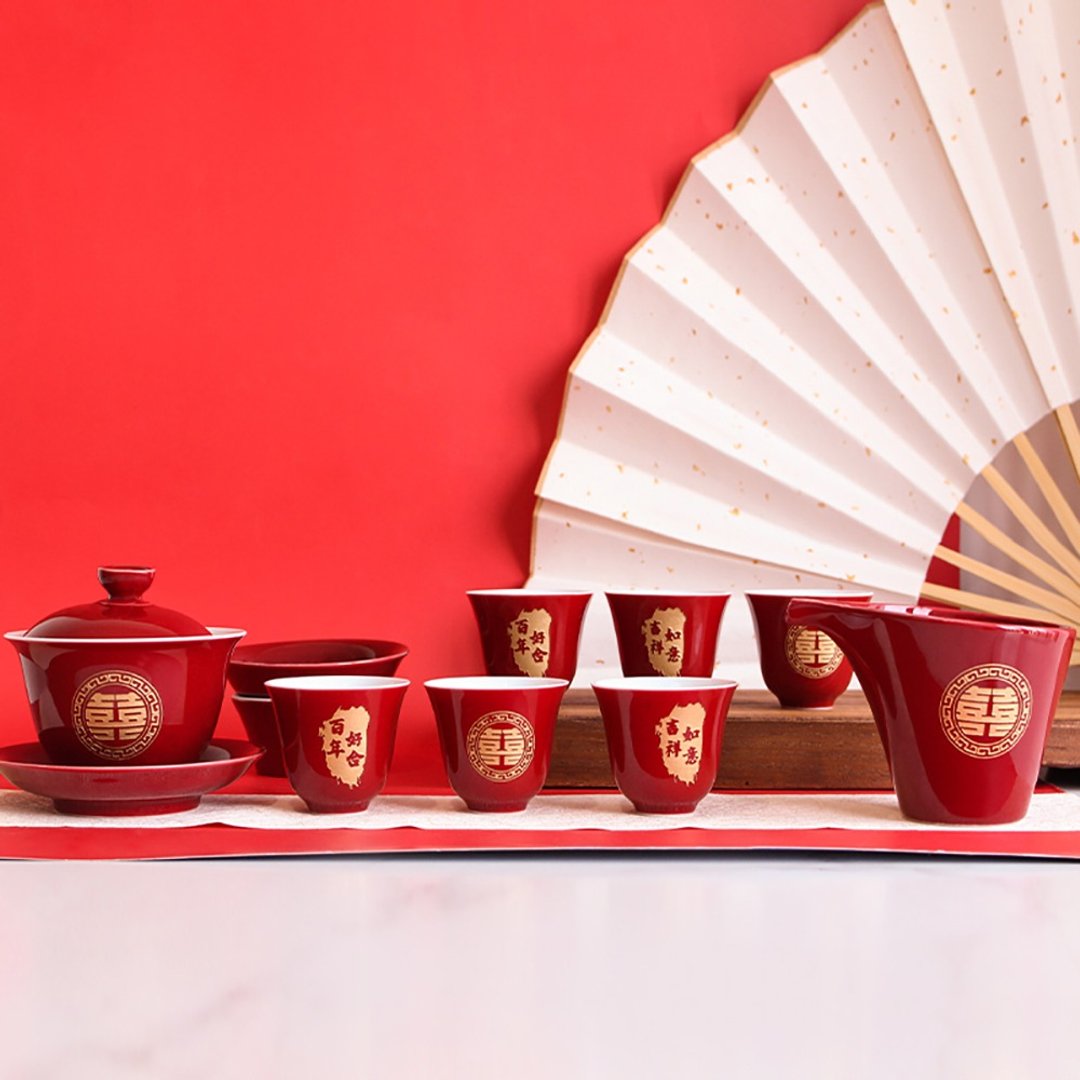 新婚礼物 订制礼物 | 新婚双喜霁红杯组 - 茶具/茶杯 - 陶 红色