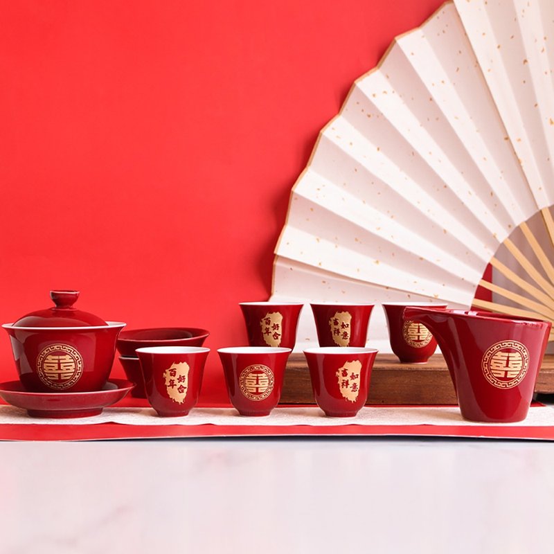 新婚礼物 订制礼物 | 新婚双喜霁红杯组 - 茶具/茶杯 - 陶 红色