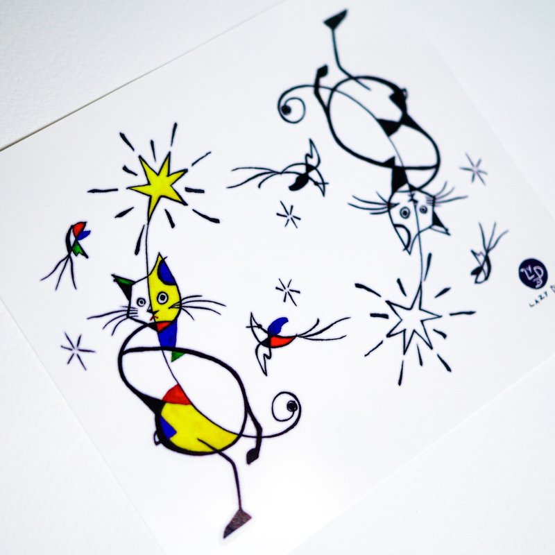 魔幻抽象派彩色猫咪插画纹身贴纸原创设计刺青饰物持久防水防敏 - 纹身贴 - 纸 多色