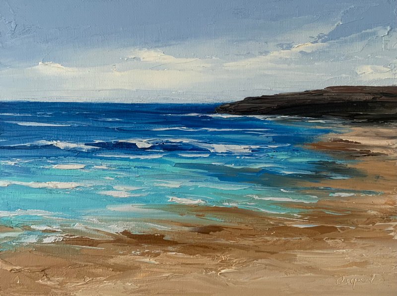 Original Seascape Beach Ocean Oil Painting Blue Sky Landscape Impasto Artwork - 墙贴/壁贴 - 棉 多色