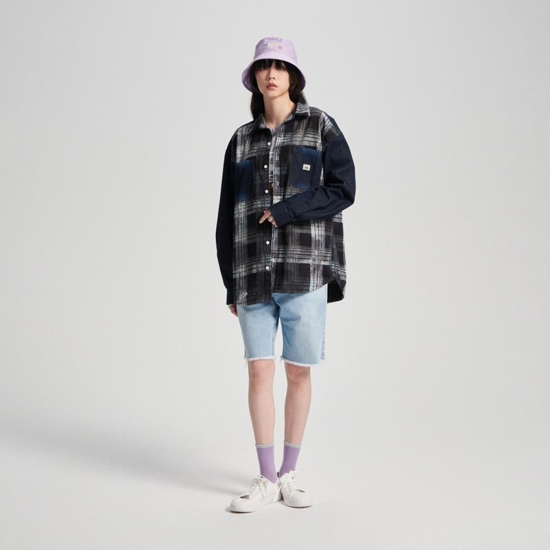 江户胜 日系 男装 经典格纹拼接外套(酵洗蓝) #外套 - 男装外套 - 棉．麻 蓝色