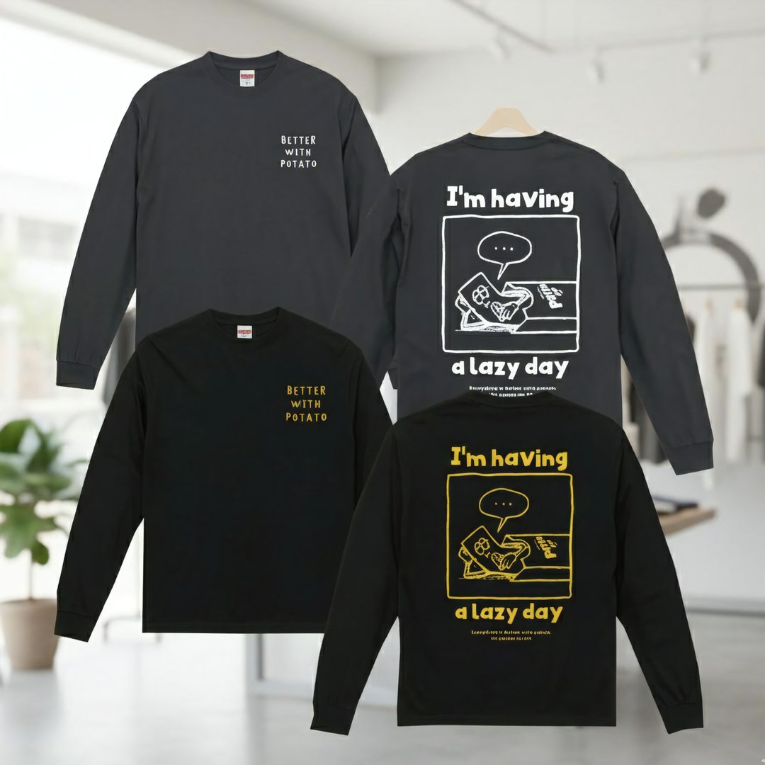 【Pinkoi 线下活动预购商品】薯条君长袖T恤 a lazy day - 男装上衣/T 恤 - 棉 黑色