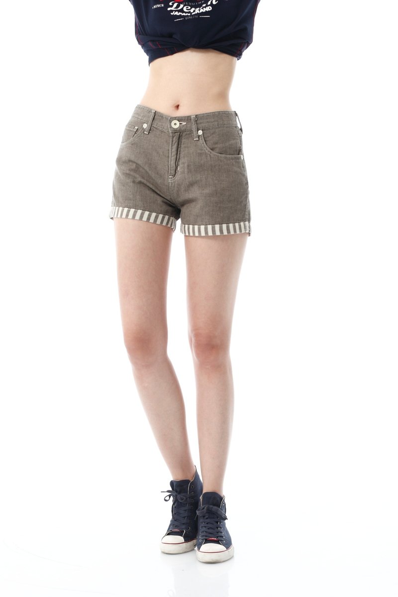 EDWIN 女款 MISS 503反折条纹棉麻短裤 (咖啡) - 女装短裤 - 棉．麻 咖啡色